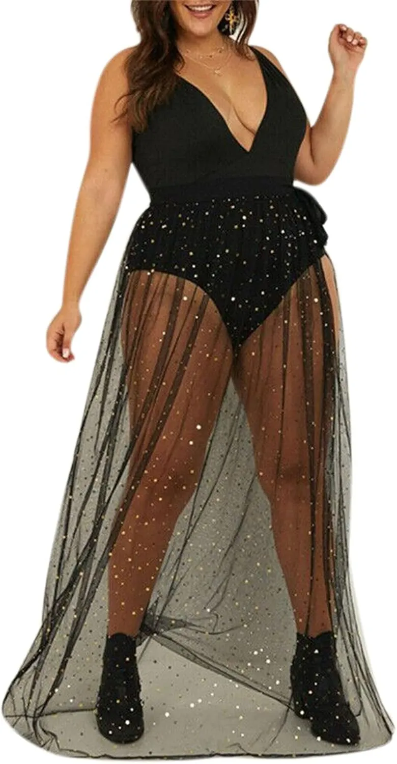 AIBEARTY Women Elastic Waist Mesh Sheer Long Side Slit Maxi Skirts Summer Beach Cover Up