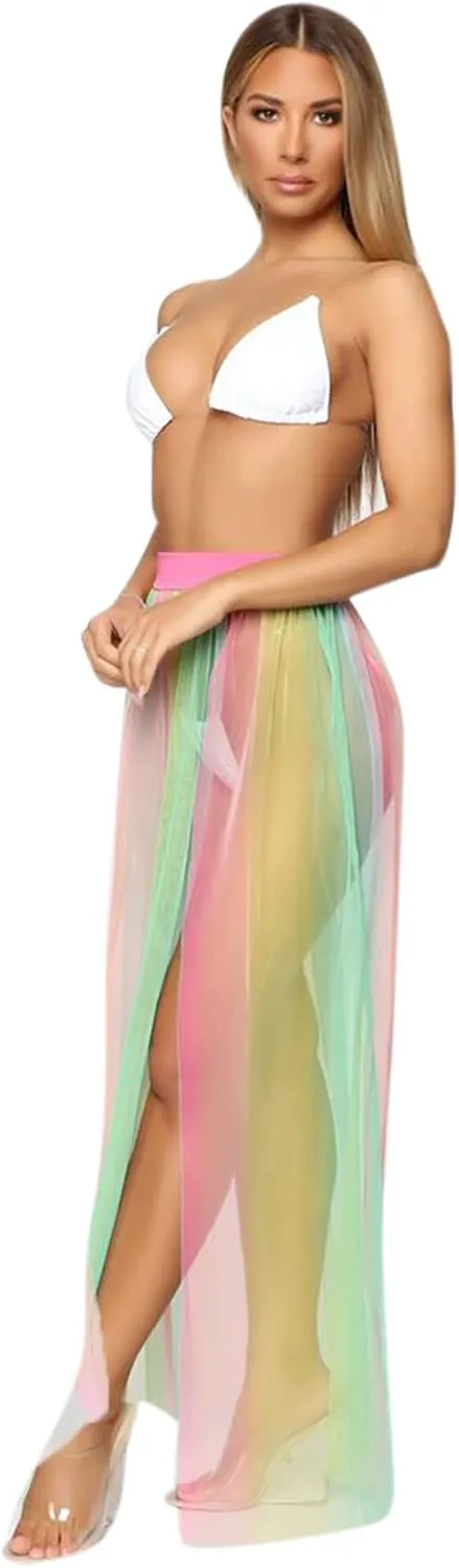 AIBEARTY Women Elastic Waist Mesh Sheer Long Side Slit Maxi Skirts Summer Beach Cover Up