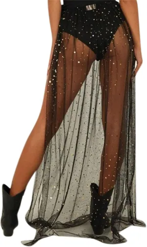 AIBEARTY Women Elastic Waist Mesh Sheer Long Side Slit Maxi Skirts Summer Beach Cover Up