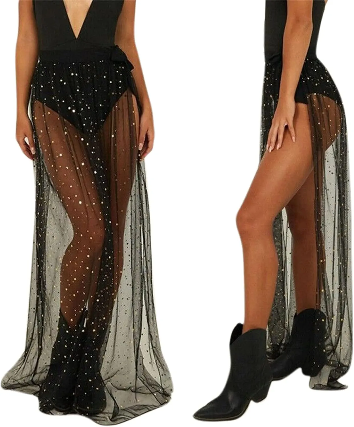 AIBEARTY Women Elastic Waist Mesh Sheer Long Side Slit Maxi Skirts Summer Beach Cover Up