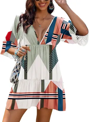 AI'MAGE Women's Swimsuit Cover Ups Dress V Neck Casual Tunic Bathing Suit Beach Mini Dress S-3XL