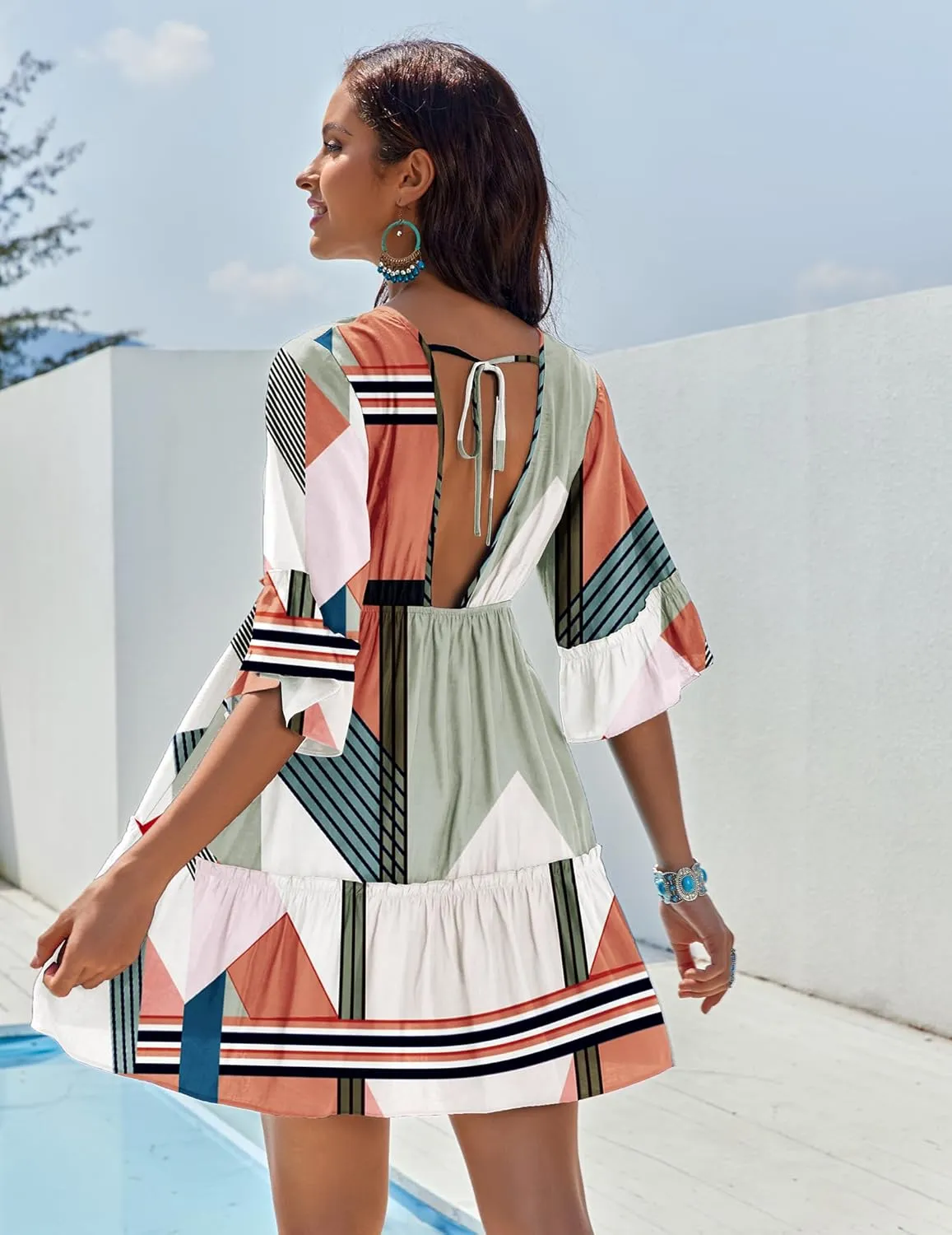 AI'MAGE Women's Swimsuit Cover Ups Dress V Neck Casual Tunic Bathing Suit Beach Mini Dress S-3XL