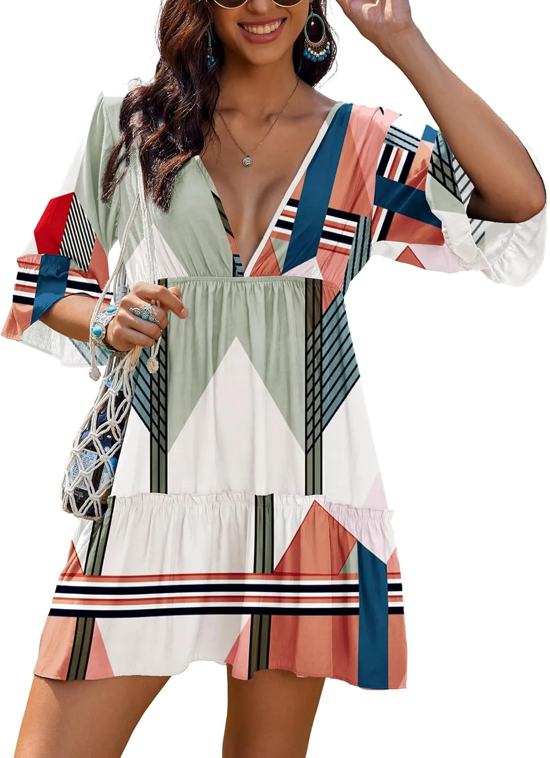 AI'MAGE Women's Swimsuit Cover Ups Dress V Neck Casual Tunic Bathing Suit Beach Mini Dress S-3XL