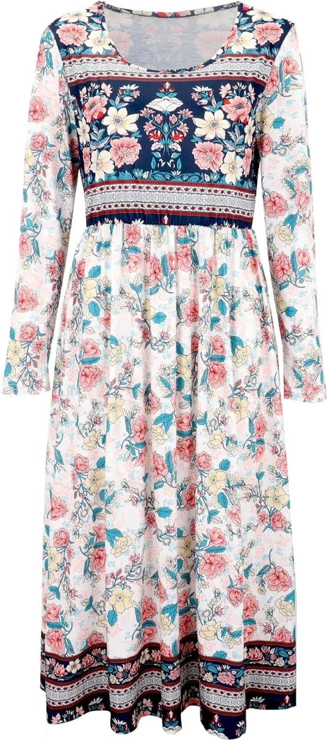 Akivide Women Boho Floral Printed Long Sleeve Crew Neck Midi Dress Casual Loose Spring Dresses for Women 2025 with 2 Pockets