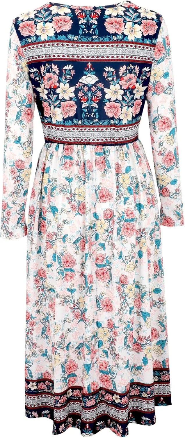 Akivide Women Boho Floral Printed Long Sleeve Crew Neck Midi Dress Casual Loose Spring Dresses for Women 2025 with 2 Pockets