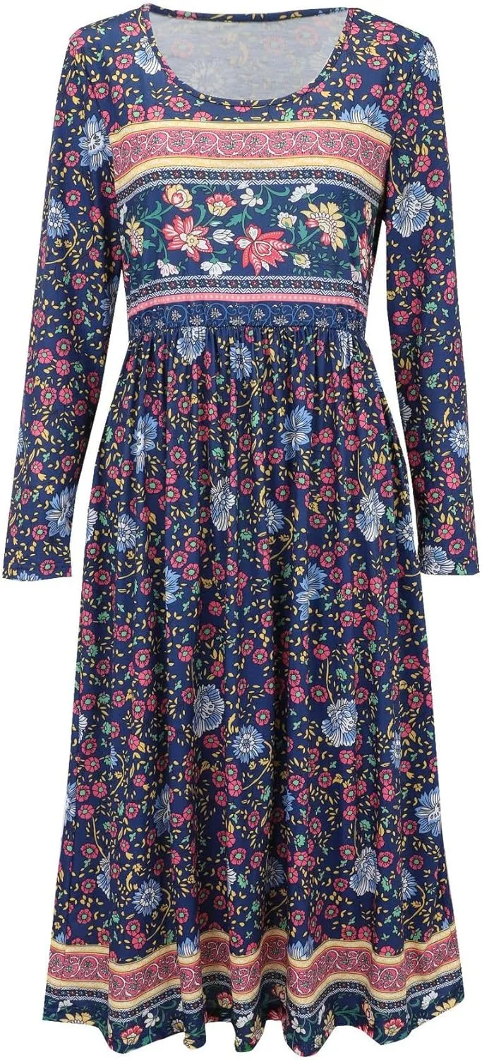 Akivide Women Boho Floral Printed Long Sleeve Crew Neck Midi Dress Casual Loose Spring Dresses for Women 2025 with 2 Pockets