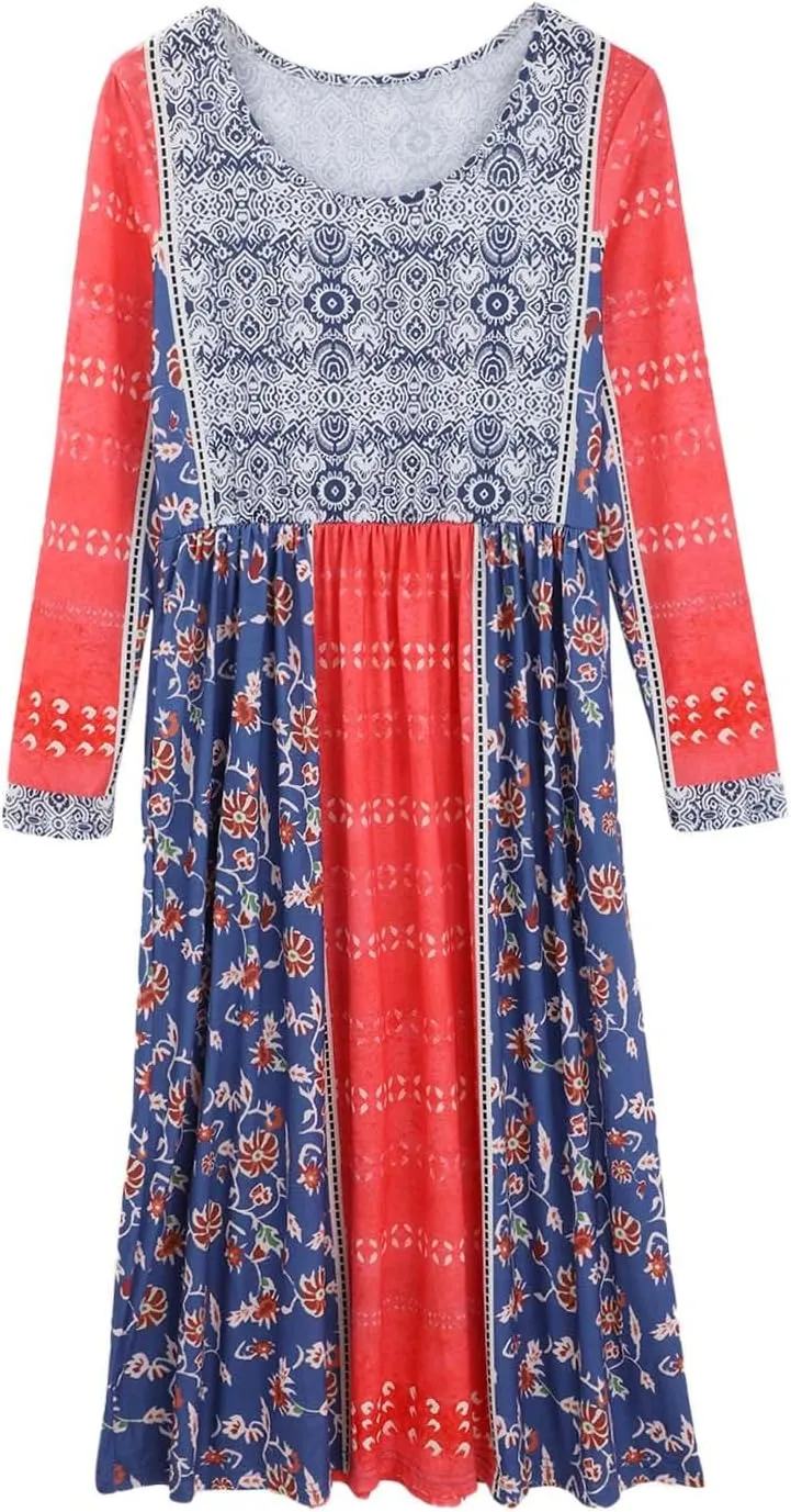 Akivide Women Boho Floral Printed Long Sleeve Crew Neck Midi Dress Casual Loose Spring Dresses for Women 2025 with 2 Pockets
