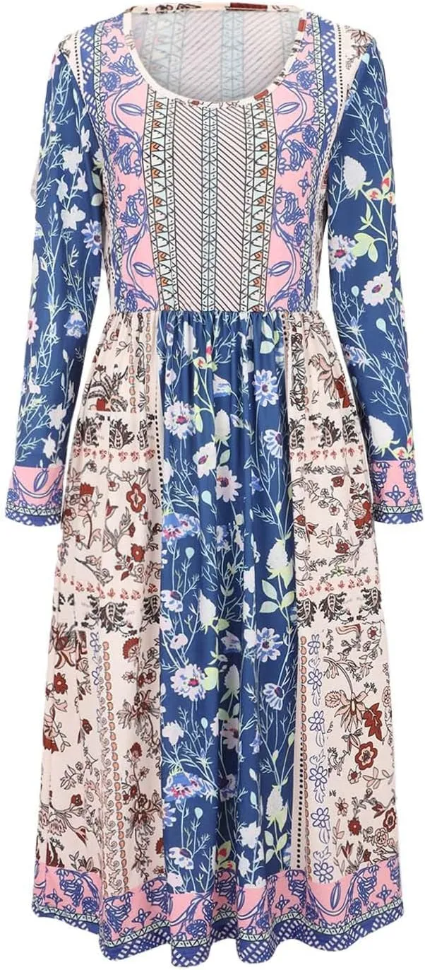 Akivide Women Boho Floral Printed Long Sleeve Crew Neck Midi Dress Casual Loose Spring Dresses for Women 2025 with 2 Pockets