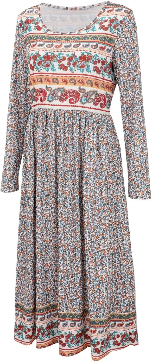 Akivide Women Boho Floral Printed Long Sleeve Crew Neck Midi Dress Casual Loose Spring Dresses for Women 2025 with 2 Pockets