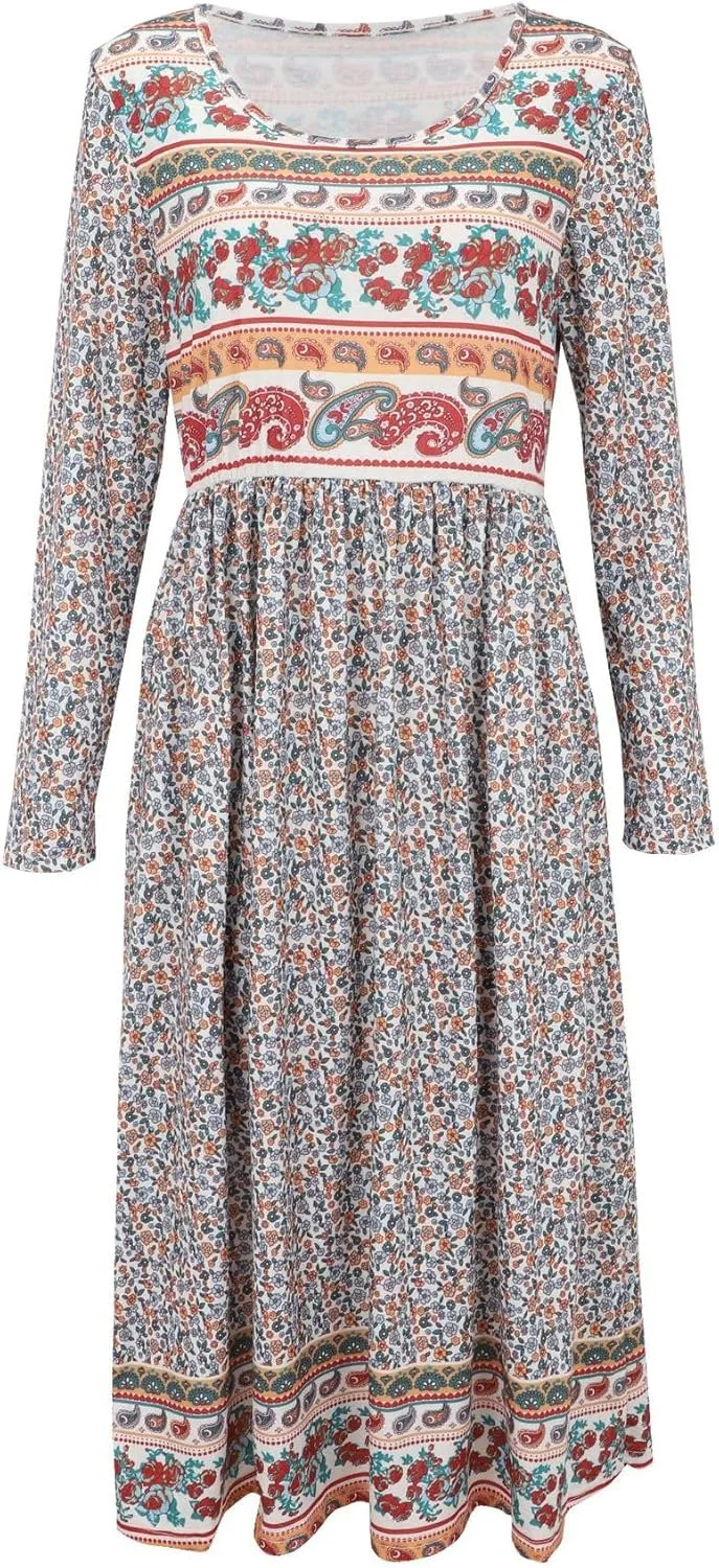 Akivide Women Boho Floral Printed Long Sleeve Crew Neck Midi Dress Casual Loose Spring Dresses for Women 2025 with 2 Pockets