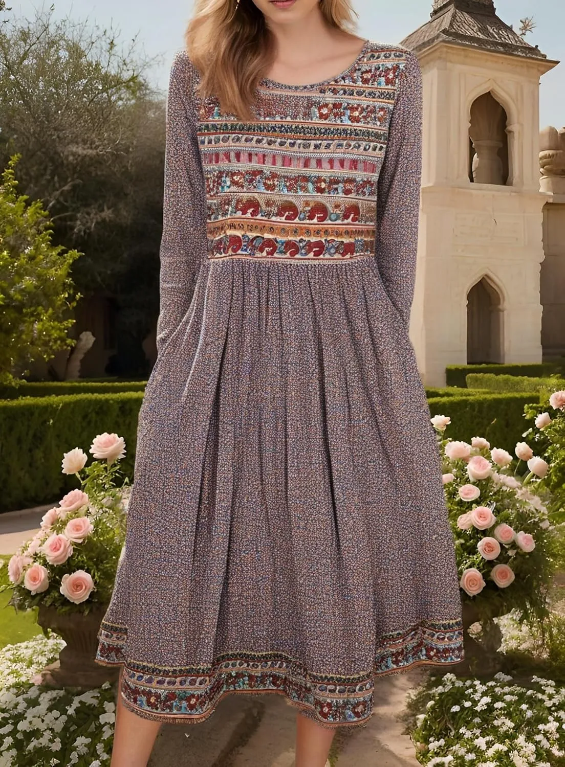 Akivide Women Boho Floral Printed Long Sleeve Crew Neck Midi Dress Casual Loose Spring Dresses for Women 2025 with 2 Pockets