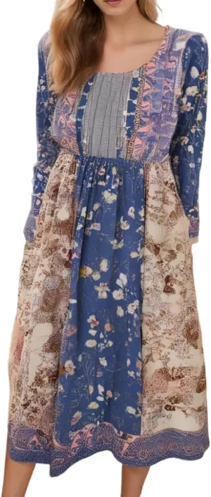 Akivide Women Boho Floral Printed Long Sleeve Crew Neck Midi Dress Casual Loose Spring Dresses for Women 2025 with 2 Pockets
