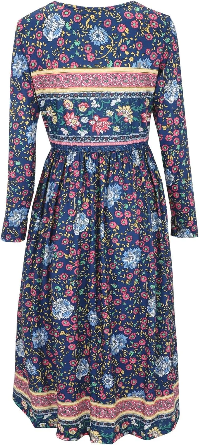 Akivide Women Boho Floral Printed Long Sleeve Crew Neck Midi Dress Casual Loose Spring Dresses for Women 2025 with 2 Pockets