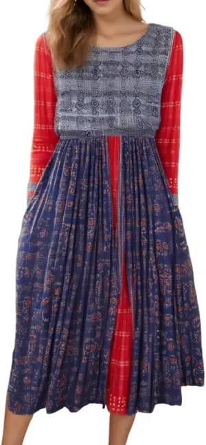 Akivide Women Boho Floral Printed Long Sleeve Crew Neck Midi Dress Casual Loose Spring Dresses for Women 2025 with 2 Pockets