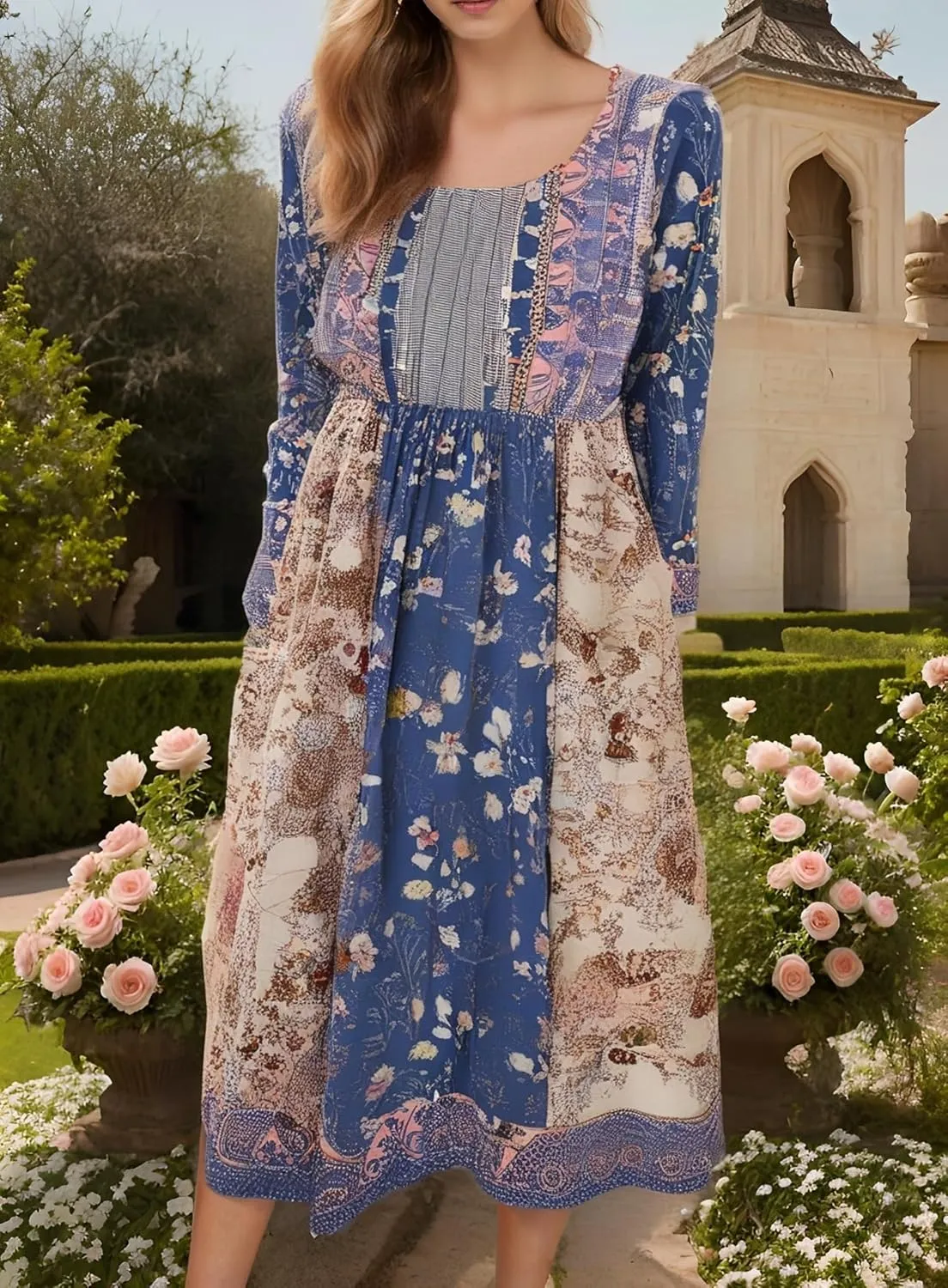 Akivide Women Boho Floral Printed Long Sleeve Crew Neck Midi Dress Casual Loose Spring Dresses for Women 2025 with 2 Pockets