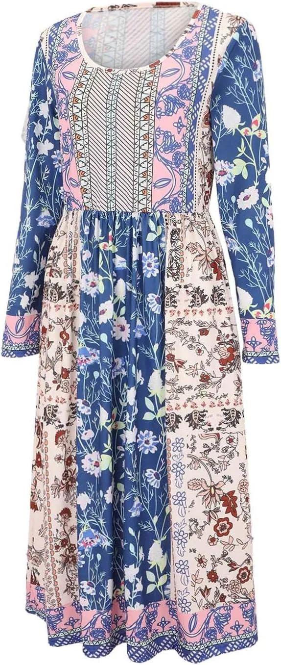 Akivide Women Boho Floral Printed Long Sleeve Crew Neck Midi Dress Casual Loose Spring Dresses for Women 2025 with 2 Pockets