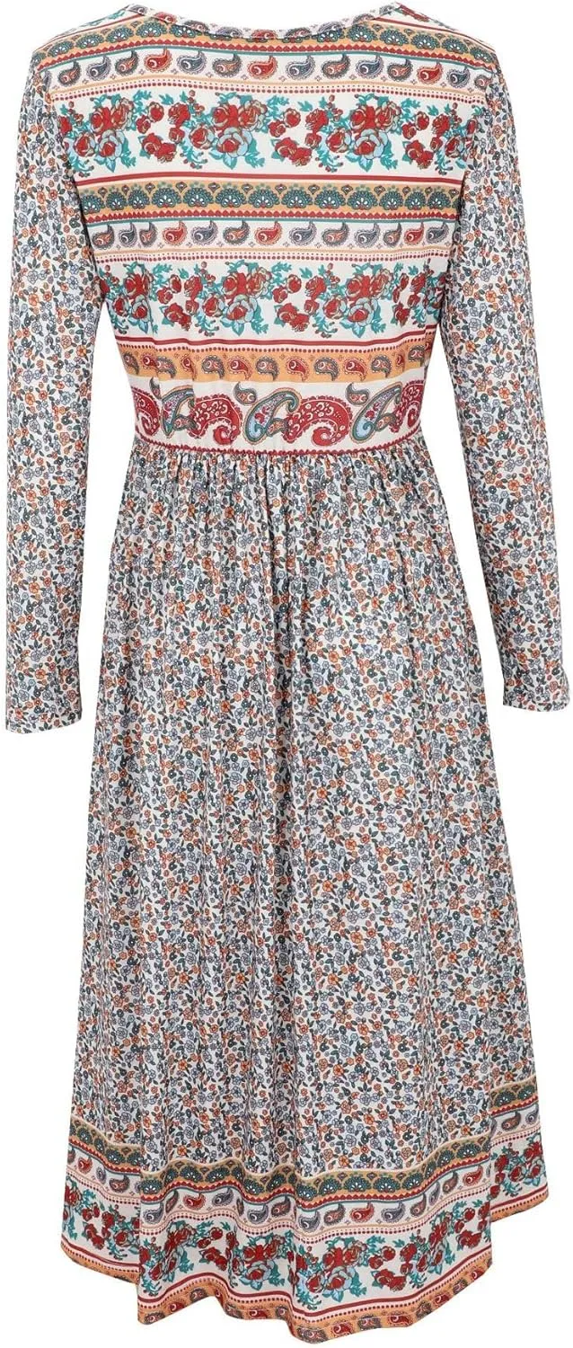 Akivide Women Boho Floral Printed Long Sleeve Crew Neck Midi Dress Casual Loose Spring Dresses for Women 2025 with 2 Pockets
