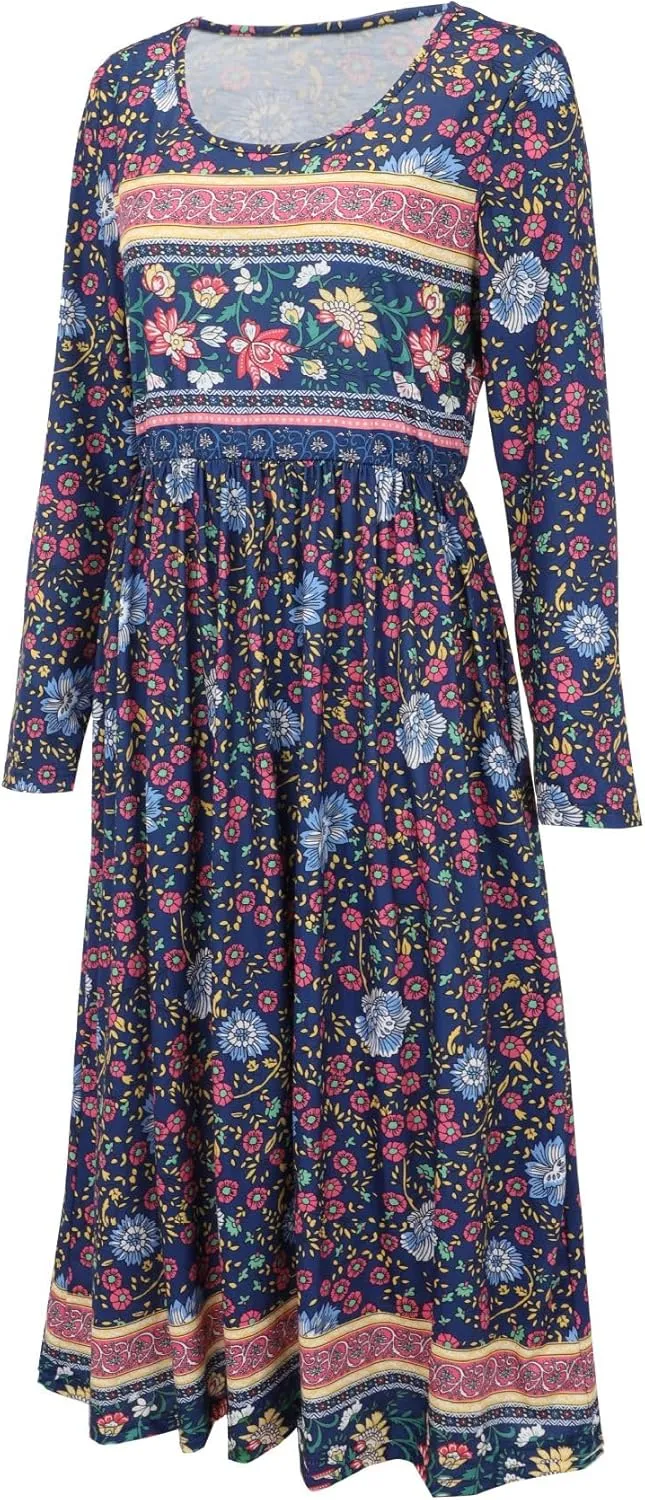 Akivide Women Boho Floral Printed Long Sleeve Crew Neck Midi Dress Casual Loose Spring Dresses for Women 2025 with 2 Pockets
