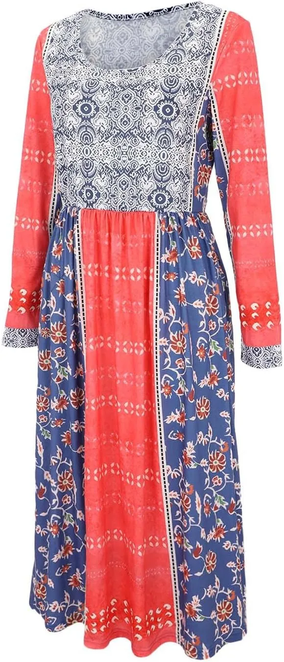 Akivide Women Boho Floral Printed Long Sleeve Crew Neck Midi Dress Casual Loose Spring Dresses for Women 2025 with 2 Pockets