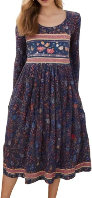 Akivide Women Boho Floral Printed Long Sleeve Crew Neck Midi Dress Casual Loose Spring Dresses for Women 2025 with 2 Pockets