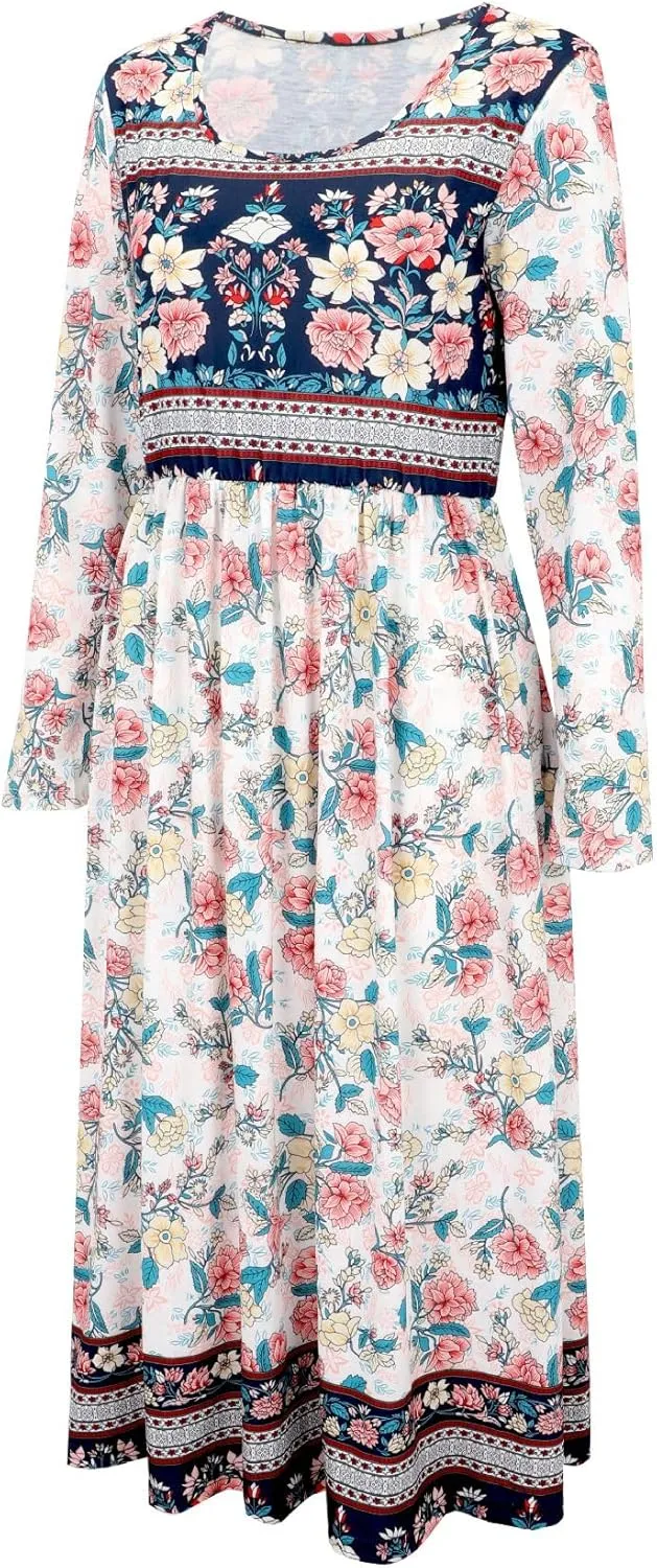 Akivide Women Boho Floral Printed Long Sleeve Crew Neck Midi Dress Casual Loose Spring Dresses for Women 2025 with 2 Pockets
