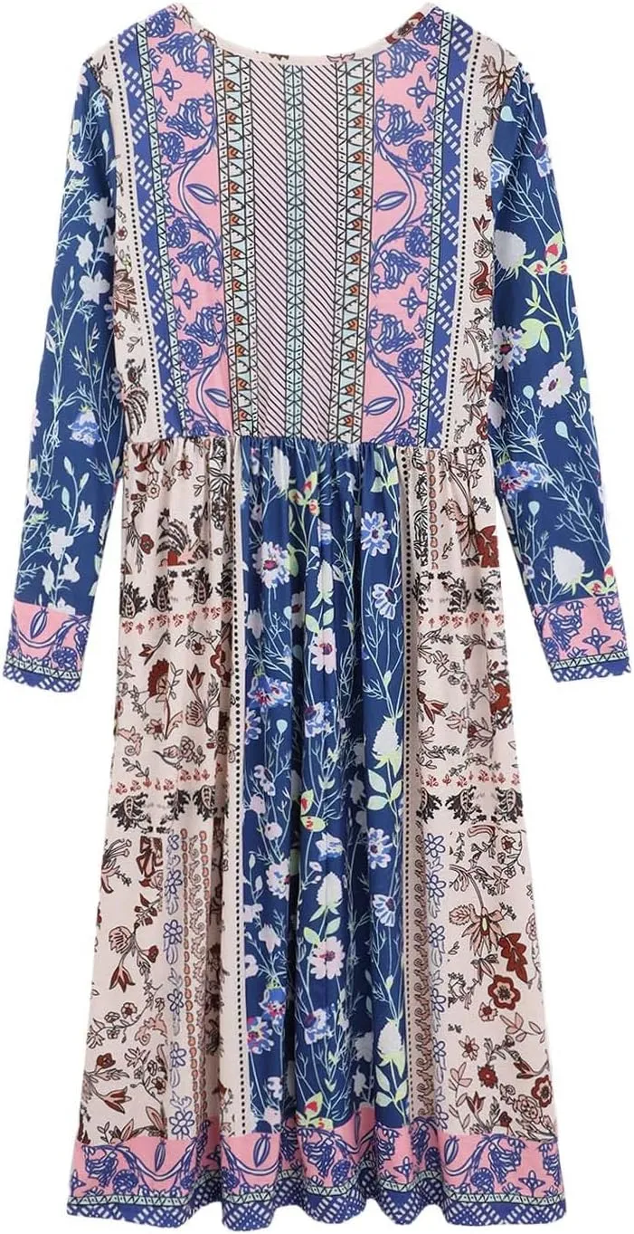 Akivide Women Boho Floral Printed Long Sleeve Crew Neck Midi Dress Casual Loose Spring Dresses for Women 2025 with 2 Pockets