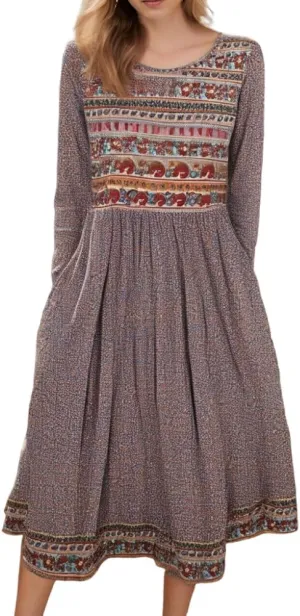 Akivide Women Boho Floral Printed Long Sleeve Crew Neck Midi Dress Casual Loose Spring Dresses for Women 2025 with 2 Pockets