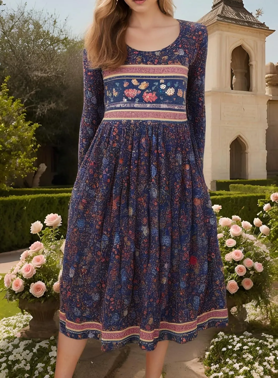Akivide Women Boho Floral Printed Long Sleeve Crew Neck Midi Dress Casual Loose Spring Dresses for Women 2025 with 2 Pockets