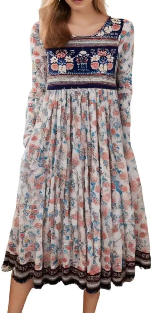 Akivide Women Boho Floral Printed Long Sleeve Crew Neck Midi Dress Casual Loose Spring Dresses for Women 2025 with 2 Pockets