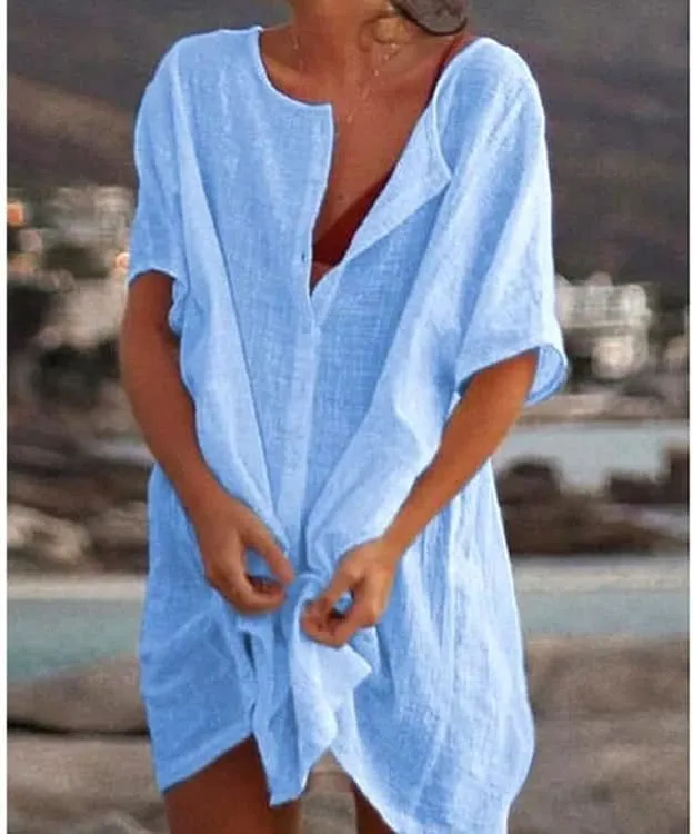 Akivide Women's Summer Casual Cotton Linen Short Sleeve Button Up Shirt Plus Size Swimsuit Beach Cover Up Mini Dress