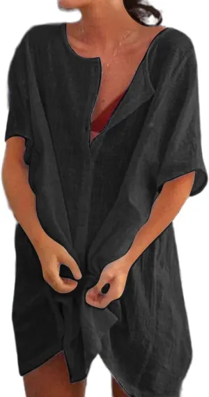 Akivide Women's Summer Casual Cotton Linen Short Sleeve Button Up Shirt Plus Size Swimsuit Beach Cover Up Mini Dress