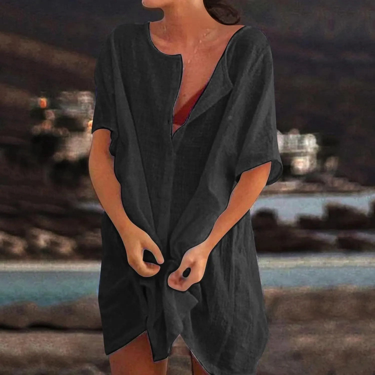 Akivide Women's Summer Casual Cotton Linen Short Sleeve Button Up Shirt Plus Size Swimsuit Beach Cover Up Mini Dress
