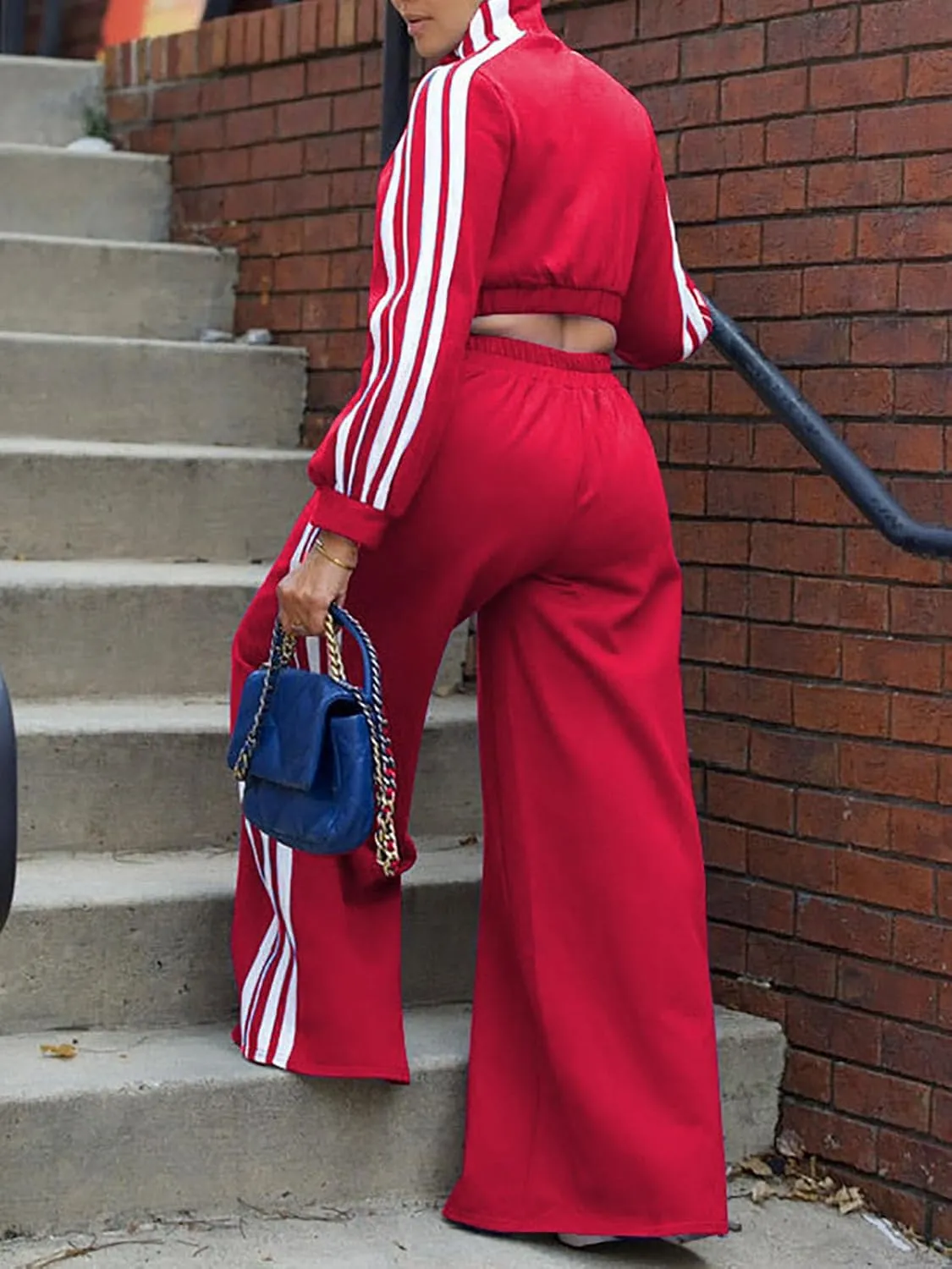 Akmipoem Sweatsuits Women 2 Piece Outfit Striped Tracksuit Long Sleeve Zipper Cropped Jackets Wide Leg Sweatpants Set