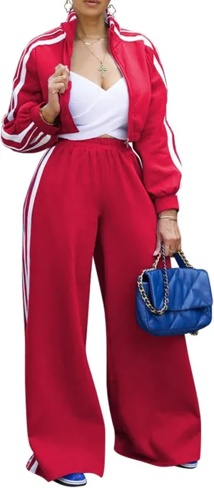 Akmipoem Sweatsuits Women 2 Piece Outfit Striped Tracksuit Long Sleeve Zipper Cropped Jackets Wide Leg Sweatpants Set