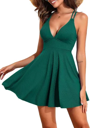 Aleumdr Swim Dress for Women One Piece Tummy Control Swimsuit Ribbed A Line Skirted Bathing Suits