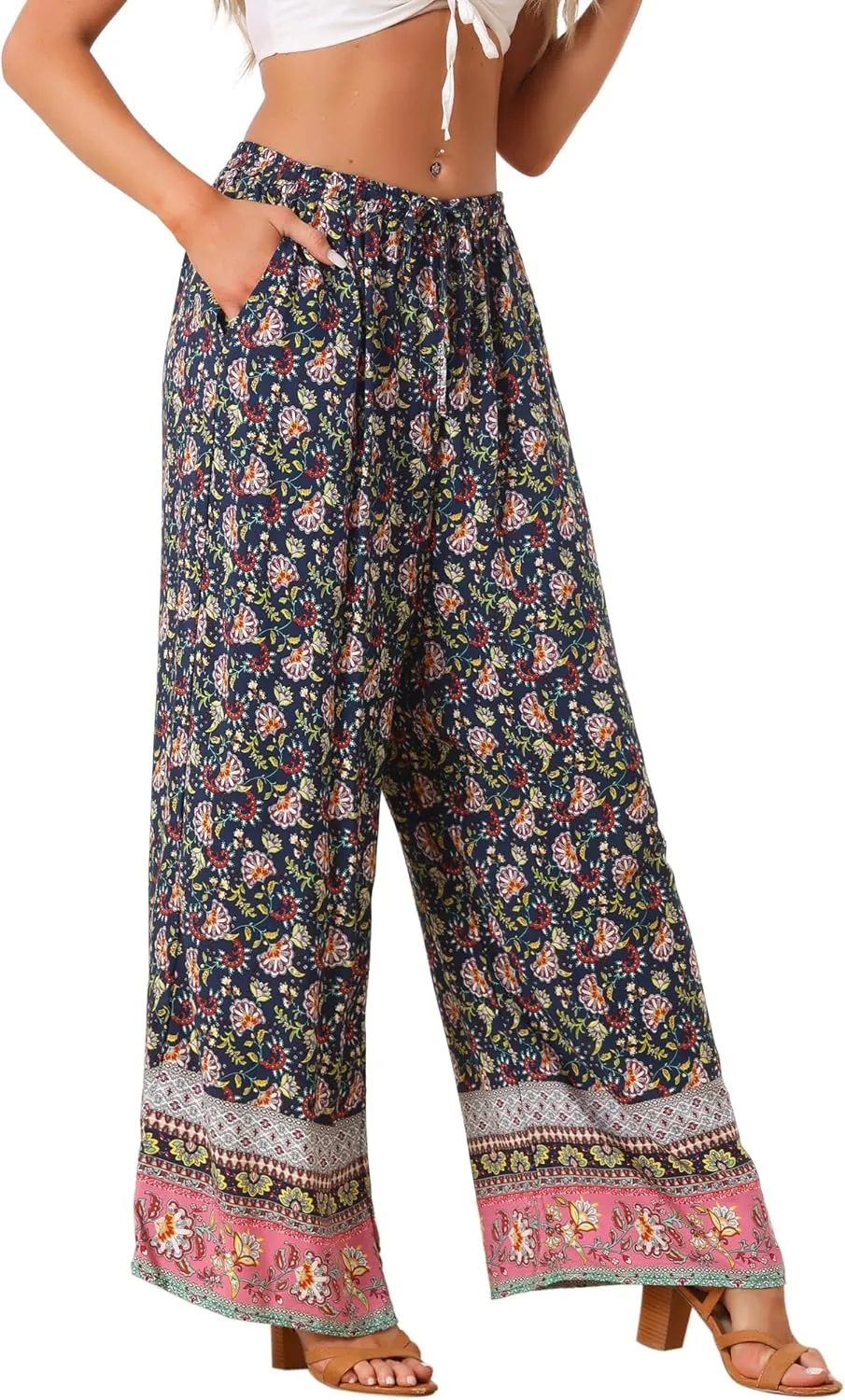 Allegra K Boho Floral Pants for Women's Drawstring Waist Beach Wide Leg Pants with Pockets