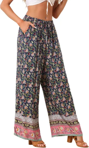Allegra K Boho Floral Pants for Women's Drawstring Waist Beach Wide Leg Pants with Pockets