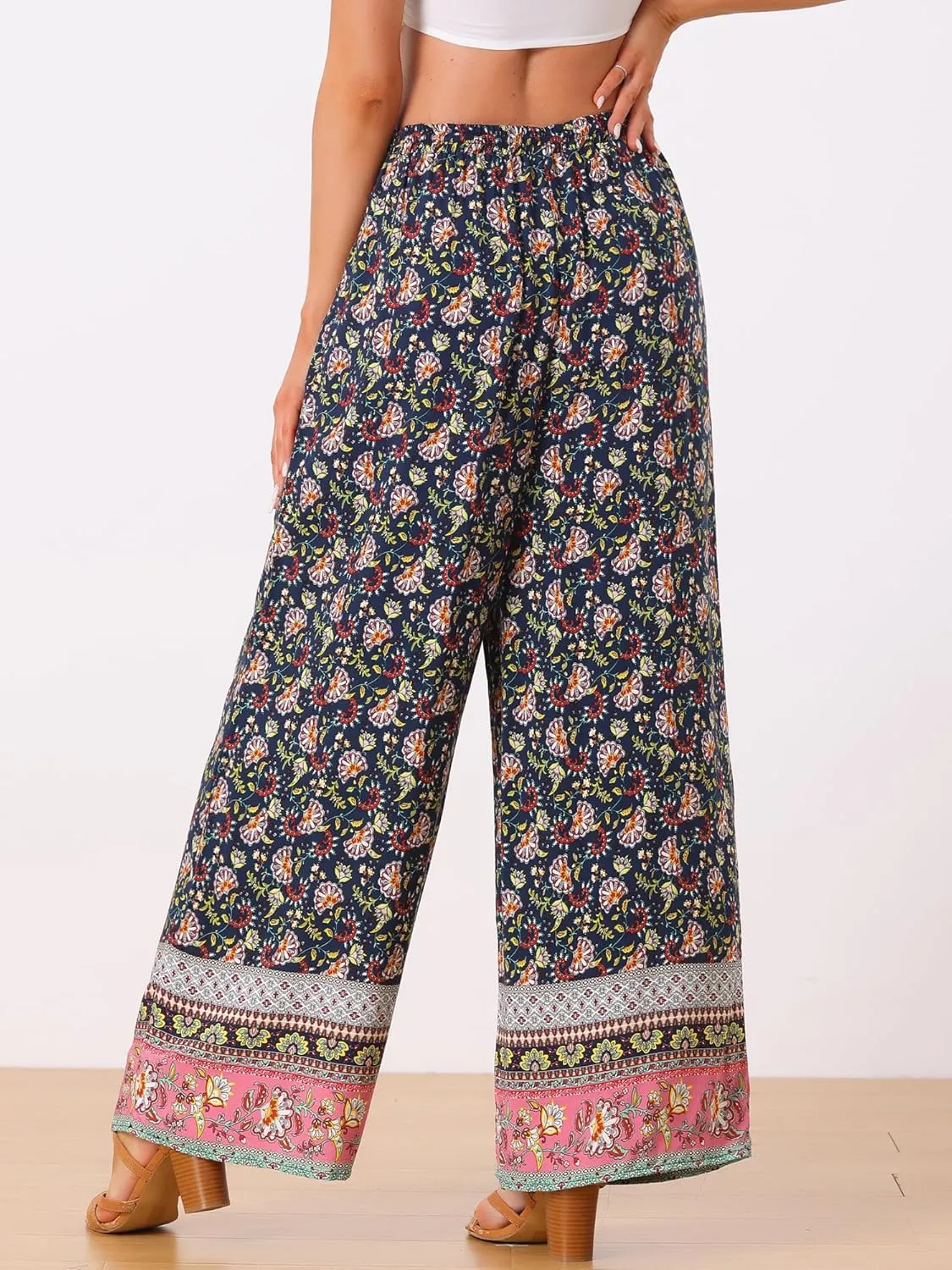 Allegra K Boho Floral Pants for Women's Drawstring Waist Beach Wide Leg Pants with Pockets