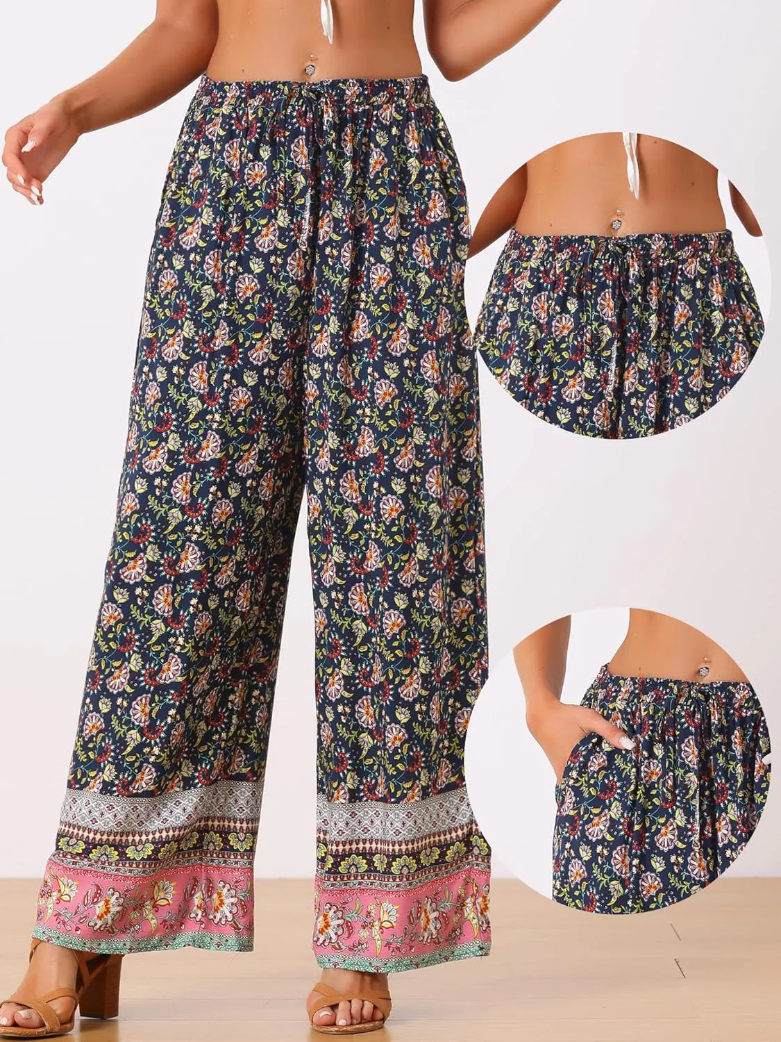 Allegra K Boho Floral Pants for Women's Drawstring Waist Beach Wide Leg Pants with Pockets