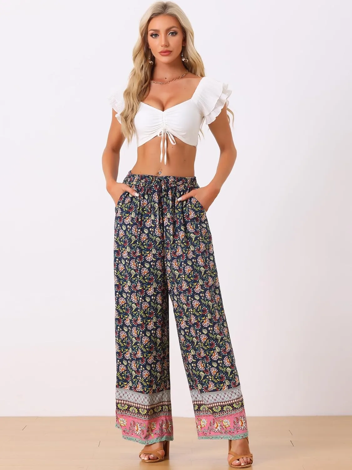 Allegra K Boho Floral Pants for Women's Drawstring Waist Beach Wide Leg Pants with Pockets