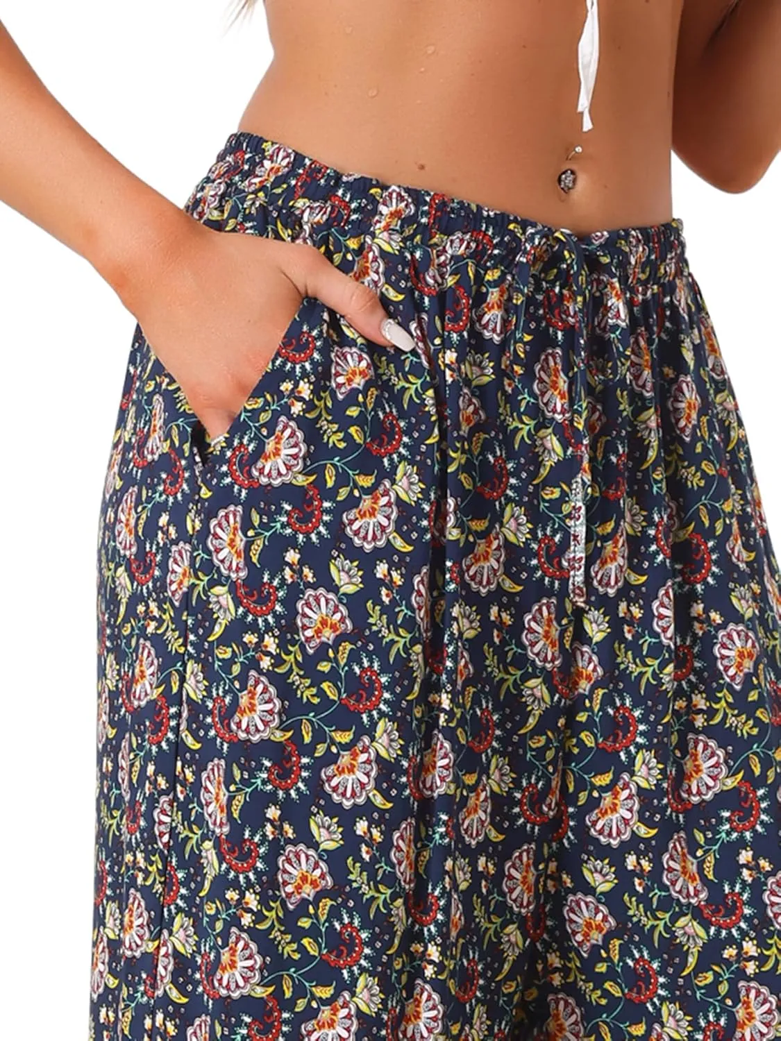 Allegra K Boho Floral Pants for Women's Drawstring Waist Beach Wide Leg Pants with Pockets