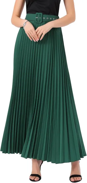 Allegra K Long Pleated Skirt for Women's Elastic High Waist with Belt Swing A-line Work Maxi Skirt