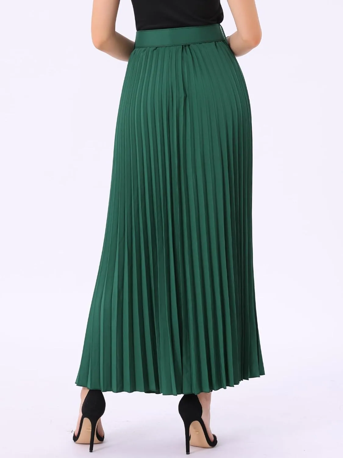 Allegra K Long Pleated Skirt for Women's Elastic High Waist with Belt Swing A-line Work Maxi Skirt
