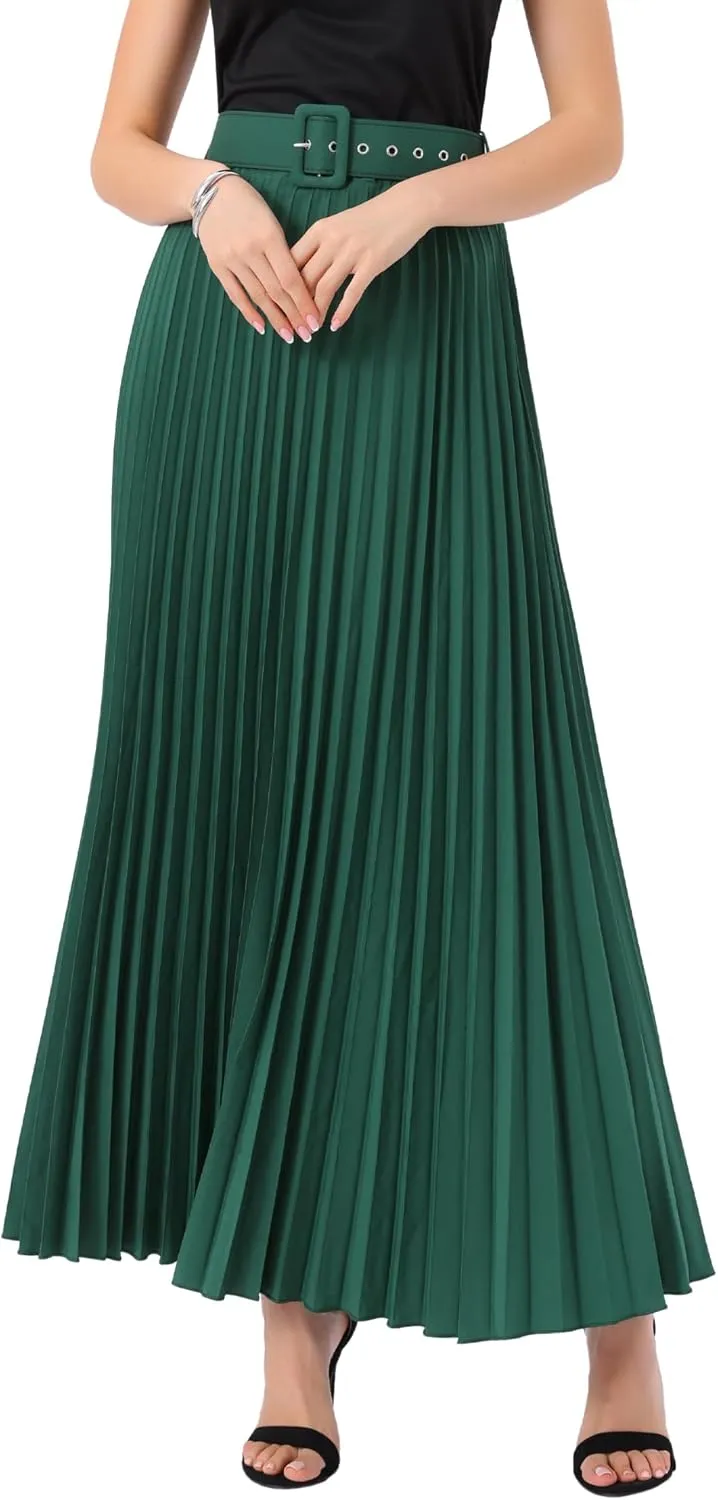 Allegra K Long Pleated Skirt for Women's Elastic High Waist with Belt Swing A-line Work Maxi Skirt