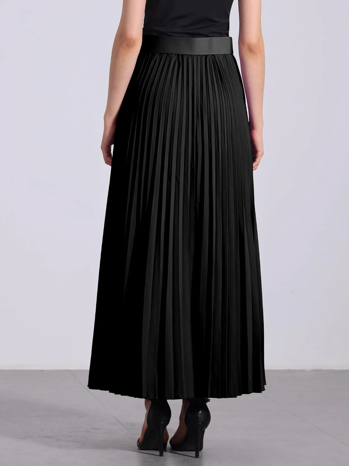 Allegra K Long Pleated Skirt for Women's Elastic High Waist with Belt Swing A-line Work Maxi Skirt
