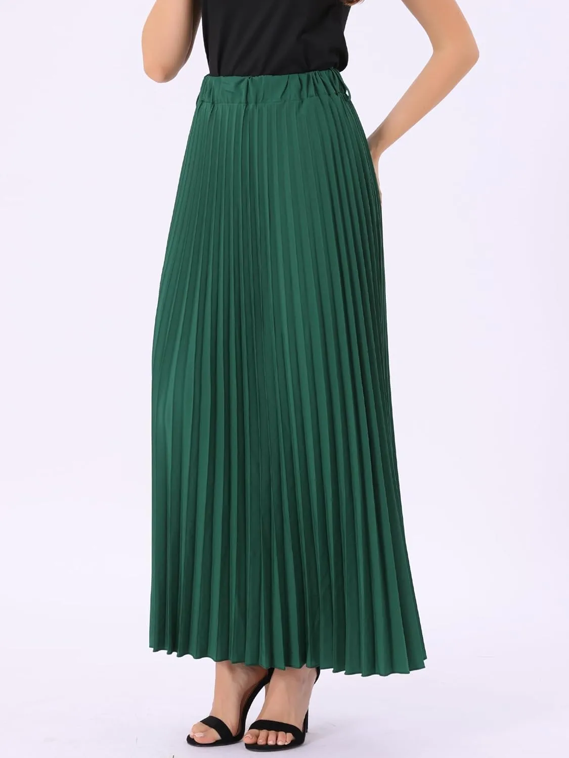 Allegra K Long Pleated Skirt for Women's Elastic High Waist with Belt Swing A-line Work Maxi Skirt