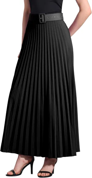 Allegra K Long Pleated Skirt for Women's Elastic High Waist with Belt Swing A-line Work Maxi Skirt