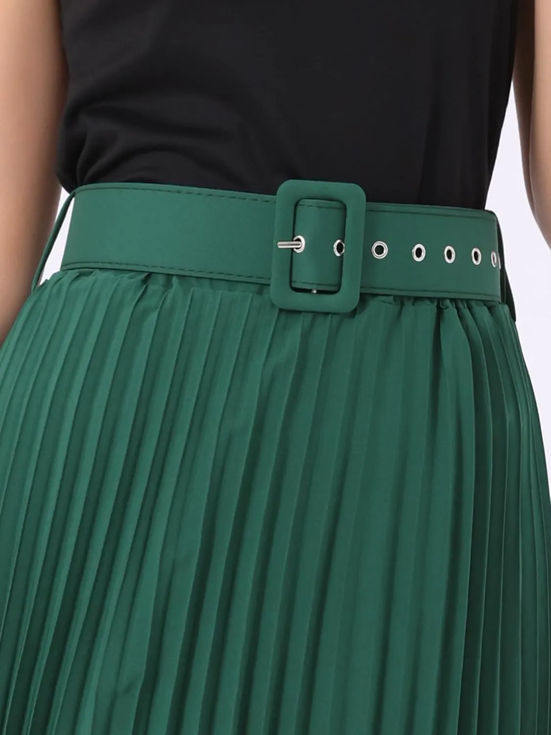 Allegra K Long Pleated Skirt for Women's Elastic High Waist with Belt Swing A-line Work Maxi Skirt