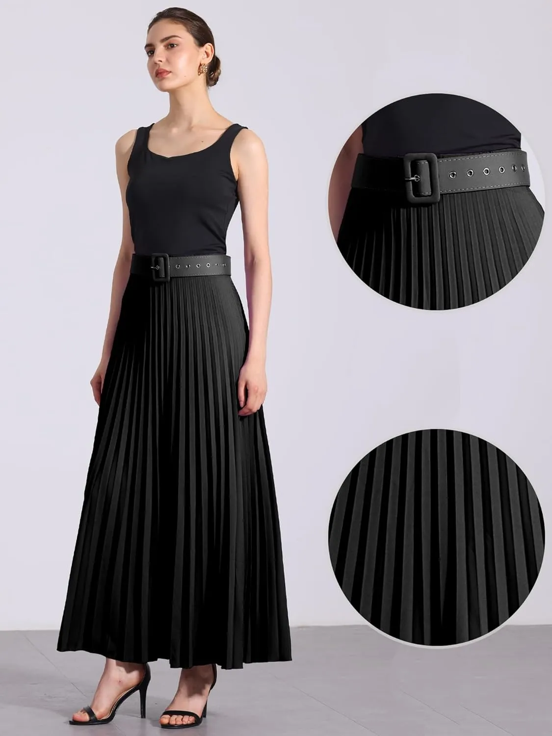 Allegra K Long Pleated Skirt for Women's Elastic High Waist with Belt Swing A-line Work Maxi Skirt