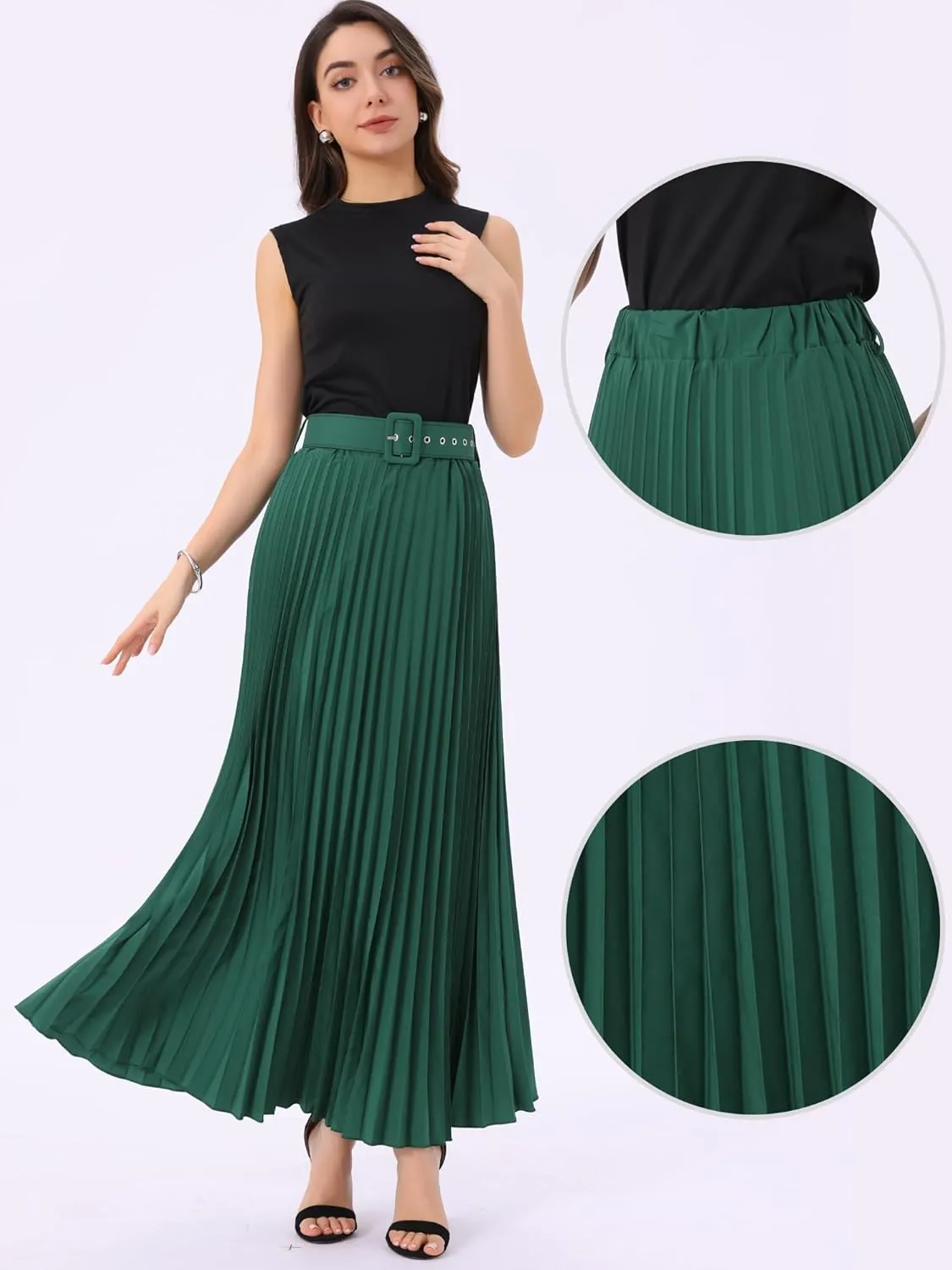 Allegra K Long Pleated Skirt for Women's Elastic High Waist with Belt Swing A-line Work Maxi Skirt